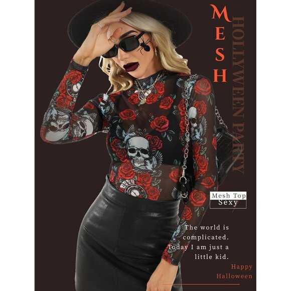 Women Skull Flower Long Sleeve Mock Neck Fitted Sexy See Through Mesh Tops - Picture 2 of 7
